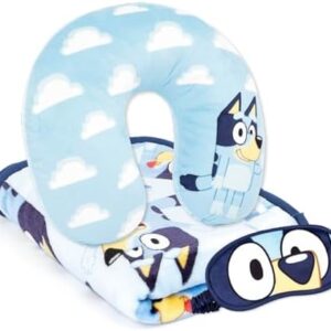 Jay Franco Bluey Kids Travel Set - 3 Piece Set Includes 40 x 50 Throw Blanket, Eye Mask, and Neck Pillow - Super Soft & Cozy Travel Accessories