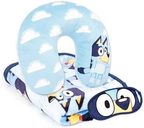 Jay Franco Bluey Kids Travel Set - 3 Piece Set Includes 40 x 50 Throw Blanket, Eye Mask, and Neck Pillow - Super Soft & Cozy Travel Accessories