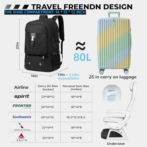 18.4 Inch Large Travel Backpack with Shoe Compartment,80L Water Resistant Anti Theft Backpacks with USB Charging Port,Carry on Flight Approved Laptop Bag Multiple Compartments,for Men Women - Image 2