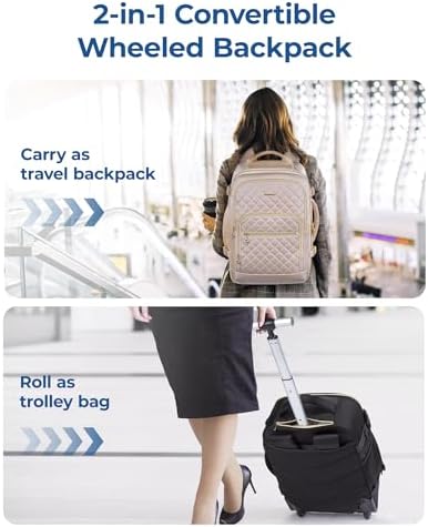BAGSMART Rolling Backpack for Women, Travel Carry-On Backpack with Wheels, 17 Inch Large Roller Wheeled Daypack with Two Packing Cubes, Black - Image 6