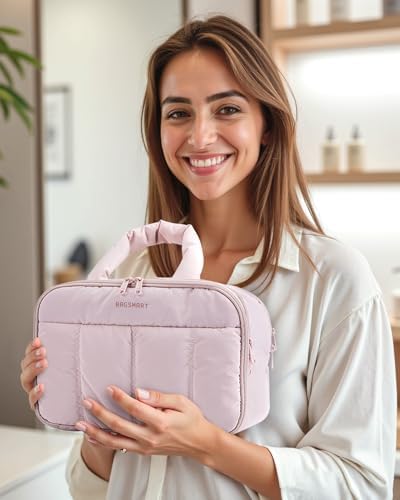 BAGSMART Travel Toiletry Bag, Puffy Large Toiletry Bag for Women, Lightweight Cosmetic Makeup Bag Organizer with Handle for Traveling, Accessories, Essentials, Toiletries (Pink) - Image 2