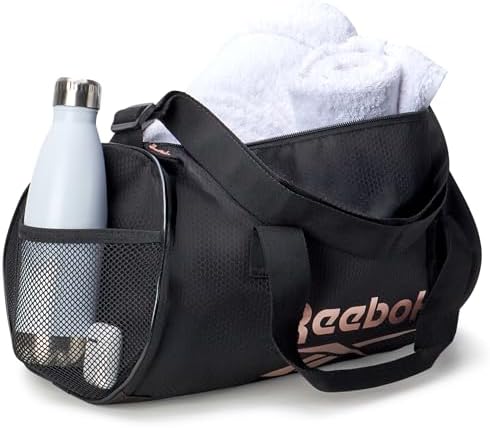 Reebok Duffle Bag - Unisex Lightweight Gym, Sports and Travel Mini Carry On Weekender Bags for Women and Men, Size One Size, Plyo Jet Black With Rose Logo - Image 4