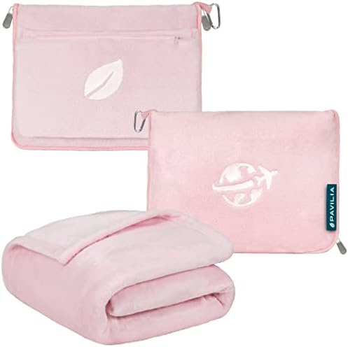 PAVILIA Travel Blanket and Pillow, Arms Opening Airplane Blankets for Adults, Compact Plane Blanket with Arm Hole 2-in-1 Bag for Flight Car Camping Fit in Luggage Backpack Traveler Gift, Pink