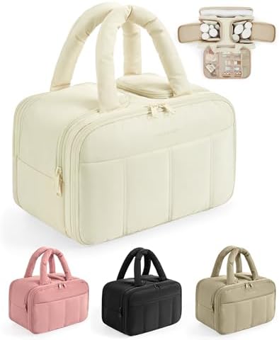 BAGSMART Travel Toiletry Bag, Puffy Large Toiletry Bag for Women, Lightweight Cosmetic Makeup Bag Organizer with Handle for Traveling, Accessories, Essentials, Toiletries (Beige