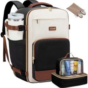 LOVEVOOK Travel Backpack for Women,40L Carry On Backpack Flight Approved,TSA Personal Item Travel Bag Fits 17.3" Laptop with 3 Packing Cubes,Large Waterproof Daypack,Beige and black and brown