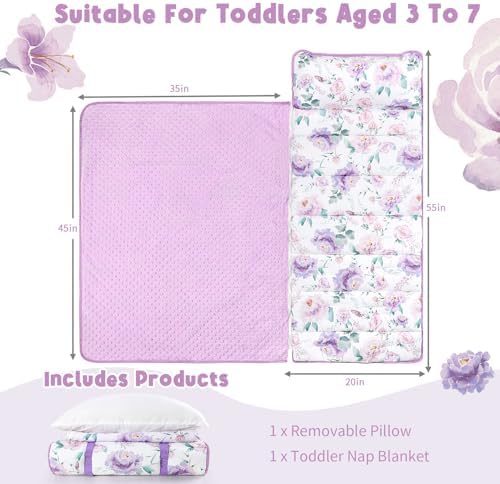 Toddler Nap Mat with Removable Pillow & Soft Minky Blanket, HNHUAMING Extra Large Rolled Napping Mats for Girls Boys, Purple Kids Slumber Bags for Daycare, Preschool Travel Camping, Floral - Image 4