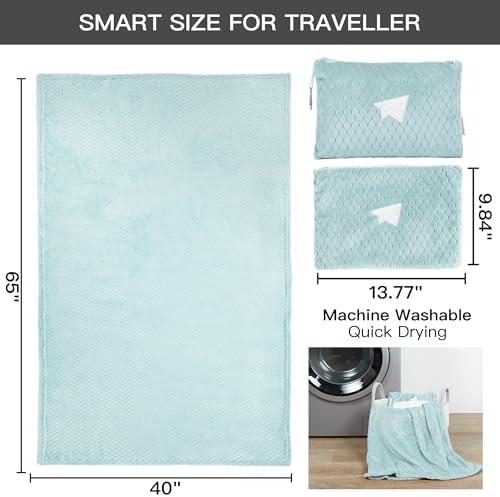 Plush & Plaid 2-Pack Travel Blanket Airplane Compact with Bag, Mid-Weight Soft Throw Blanket Pillow for Long/Short Flight, Portable Packable with Luggage Sleeve and Backpack Clip, 40x65, Blue - Image 2