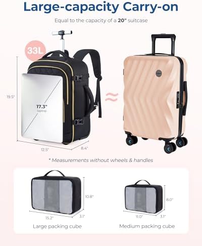 BAGSMART Rolling Backpack for Women, Travel Carry-On Backpack with Wheels, 17 Inch Large Roller Wheeled Daypack with Two Packing Cubes, Black - Image 2