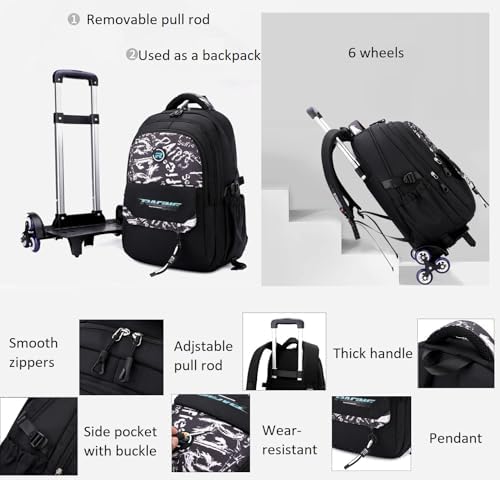 Rolling Backpack for Boys Roller Backpack Kids Bookbag with Wheels Wheeled School Bag for Teen Boys Black - Image 3