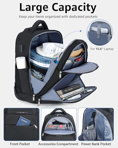 Rolling Backpack, 30L Travel Laptop Backpack with Wheels, 15.6 Inch Roller Carry on Luggage with USB Charging Port, Flight Approved Personal Item Wheeled Suitcase for Men Women Adults, Black - Image 2