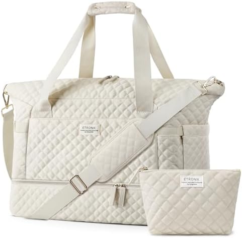 ETRONIK Travel Bag, Weekender Bags for Women, Personal Item Travel Bag with Wet Pocket, Duffel Bag for Travel with Shoes Compartment, 37L Hospital Bag for Labor and Delivery (Beige)