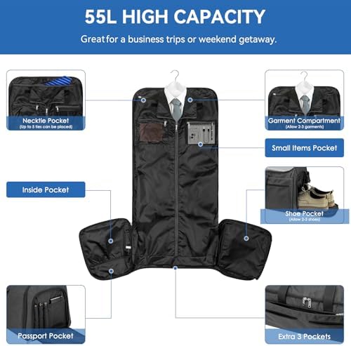 Garment Duffle Bags for Travel, Bukere Convertible Carry on Garment Duffel Bag for Men Women, Shoe Compartment, 2 in 1 Hanging Dress Suitcase Suit Travel Bags, Midnight Grey - Image 2