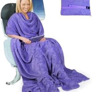 Tirrinia Travel Portable Blanket with Feet Airplane Office Poncho 4 in 1 Zippered Front Pocket Premium Cozy Fleece Blankets with Built-in Bag