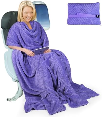 Tirrinia Travel Portable Blanket with Feet Airplane Office Poncho 4 in 1 Zippered Front Pocket Premium Cozy Fleece Blankets with Built-in Bag