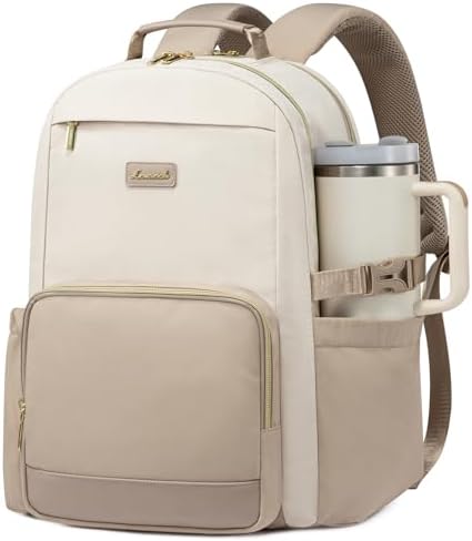 LOVEVOOK Laptop Backpack for Women with Pouch Pocket for Large Capacity Cup,15.6 Inch Laptop Computer Bag Travel Backpack Purse,Waterproof Work Business Backpack College Teacher Bags,Beige-Khaki