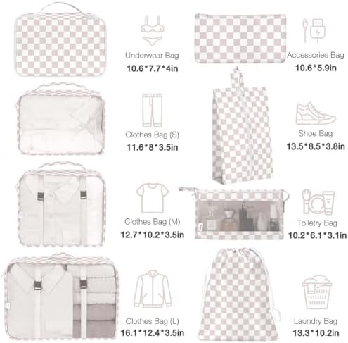 8 Set Packing Cubes for Suitcases, Packing Cubes with Shoe, Cosmetics, Clothing, Accessories Bags for Travel Luggage Organizer Women Men(Light Pink Checkered) - Image 2