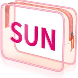 Clear Makeup Bag 9.4"x7"x3.5" Pink Travel Toiletry Bag Large Cosmetic Pouch PVC Waterproof Transparent Zippered Organizer for Women Girl Summer Beach (Sun)