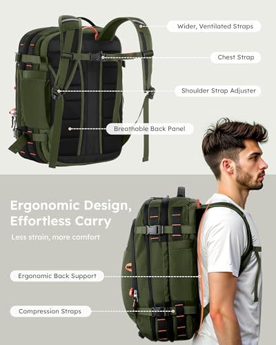 Tolaccea Travel Backpack, TSA Friendly Flight Approved Carry-on Luggage Water-resistant Business Rucksack, Durable Large Computer Bag Daypack Fits 15.6 Inch Laptop, 35-45L Expandable - Green - Image 8