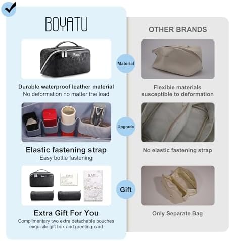 BOYATU Travel Makeup Bag for Women: Cosmetic Organizer Bag with Compartments - Leather Make up Bags Set of 3 Black - Image 3