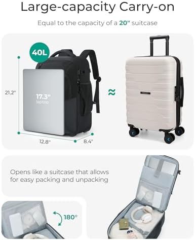 BAGSMART Rolling Backpack, 17 Inch Travel Laptop Wheeled Backpack, 40L Large Carry-On Luggage with Wheels for Men Women, Water-Resistant Overnight Work College Trolley Bag, Black - Image 3