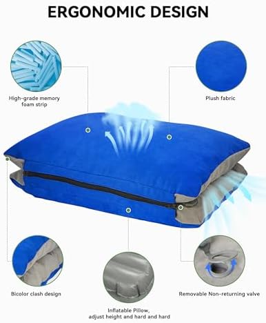 JefDiee Inflatable Camping Lumbar Pillow with Memory Foam and Washable Cover Travel Pillow for Airplanes, Camping (Blue M) - Image 4