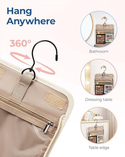 BAGSMART Toiletry Bag Travel Makeup Bag with Hanging Hook, Cosmetic Bag Make Organizer Case, Large Capacity Water-resistant Organizer for Toiletries Accessories Brushes Sponge, Beige - Image 6