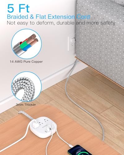 One Beat Flat Plug Power Strip, 5ft Flat Extension Cord, 3 Outlets 4 USB Ports (2 USB C) 22.5W/4.5A Desktop Charging Station Cruise Ship Power Strip No Surge Protection, Dorm Room Travel Essentials - Image 6