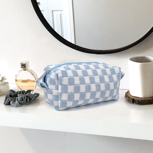 Small Cute Checkered Makeup Bag - Portable Cosmetic Pouch with Zipper, Travel Toiletry Bag, Purse Organizer, Beauty Storage, Blue - Image 4