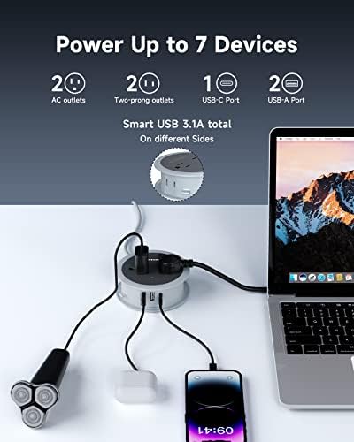 Travel Power Strip with USB Ports, 4 FT Winding Flat Plug Extension Cord with 4 AC Outlets, 3 USB (1 USB C), Portable Power Strip, Compact for Travel, Dorm Room, Cruise Essentials, Travel Gear, Grey - Image 2