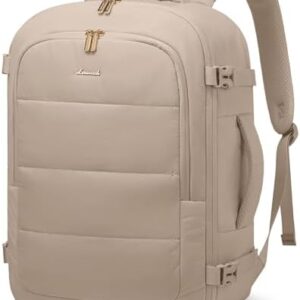 LOVEVOOK Travel Backpack for Women Men, 40L Lightweight Puffy Flight Approved Carry On Backpack Fits 17'' Laptop, TSA Personal Item Travel Bag, Waterproof Weekender Trip Work Luggage Daypack, Khaki