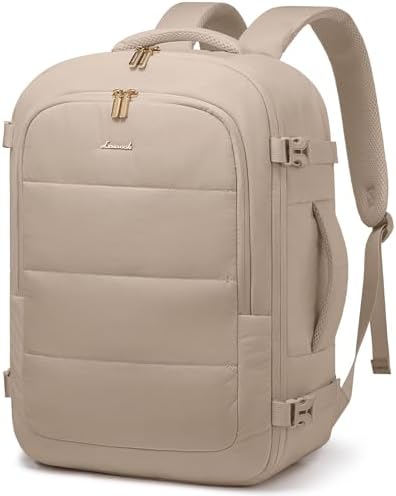 LOVEVOOK Travel Backpack for Women Men, 40L Lightweight Puffy Flight Approved Carry On Backpack Fits 17'' Laptop, TSA Personal Item Travel Bag, Waterproof Weekender Trip Work Luggage Daypack, Khaki