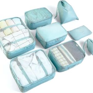 8 Set Packing Cubes for Suitcases Travel Luggage Packing Organizers,Travel Essentials Accessories Luggage Organizer with Shoe Bag Tioletry/Laundry Bag (light blue)