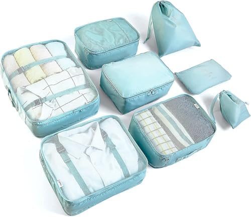 8 Set Packing Cubes for Suitcases Travel Luggage Packing Organizers,Travel Essentials Accessories Luggage Organizer with Shoe Bag Tioletry/Laundry Bag (light blue)