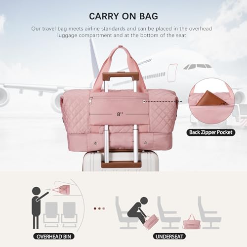 BOSTANTEN Large Travel Duffle Bag with Shoe Compartment and Trolley Sleeve, Waterproof Weekender Bags for Women, Pink - Image 6