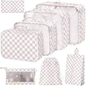 8 Set Packing Cubes for Suitcases, Packing Cubes with Shoe, Cosmetics, Clothing, Accessories Bags for Travel Luggage Organizer Women Men(Light Pink Checkered)