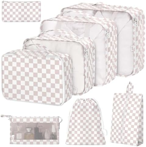 8 Set Packing Cubes for Suitcases, Packing Cubes with Shoe, Cosmetics, Clothing, Accessories Bags for Travel Luggage Organizer Women Men(Light Pink Checkered)