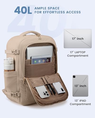 LOVEVOOK Travel Backpack for Women Men, 40L Lightweight Puffy Flight Approved Carry On Backpack Fits 17'' Laptop, TSA Personal Item Travel Bag, Waterproof Weekender Trip Work Luggage Daypack, Khaki - Image 4