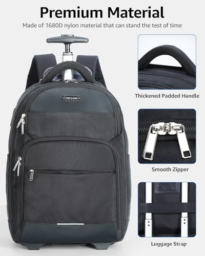 Rolling Backpack, 30L Travel Laptop Backpack with Wheels, 15.6 Inch Roller Carry on Luggage with USB Charging Port, Flight Approved Personal Item Wheeled Suitcase for Men Women Adults, Black - Image 5