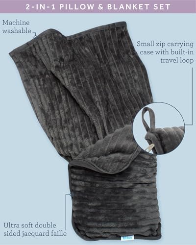 Bliss Faille Travel Pillow Blanket - 2-in-1 Lightweight Compact Airplane Camp Pillow and Blanket Set for Travelling, Size Large, Dark Grey - Image 4