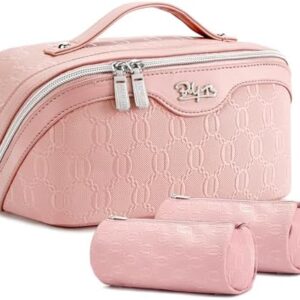 BOYATU Travel Makeup Bag for Women: Cosmetic Organizer Bag with Compartments - Leather Make up Bags Set of 3 Pink