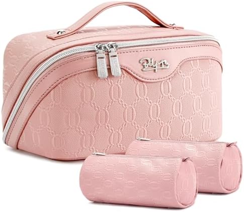 BOYATU Travel Makeup Bag for Women: Cosmetic Organizer Bag with Compartments - Leather Make up Bags Set of 3 Pink