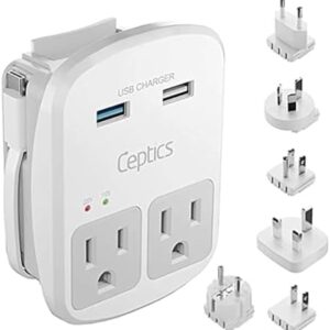 Ceptics Universal Travel Adapter Kit – 2 USA sockets, 1x USB-A & C, 1x PD 35W Type C port and cable, Surge Protected, Plugs for EU, UK, China, AU, Japan - Use with Laptop, Phones, Cameras - ETL Tested