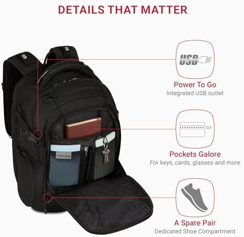 SwissGear Travel Tech Elite Laptop Backpack – Fits Laptops up to 16” – ScanSmart TSA-Friendly Backpack with USB Port, Shoe Compartment & Organizer Pockets – Black - Image 3