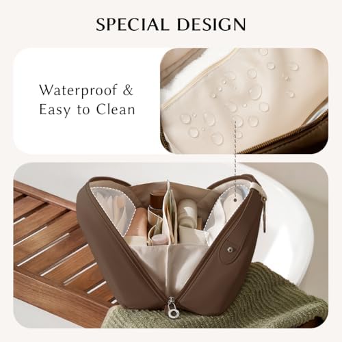EACHY Toiletry Bag for Women, Large-Capacity Travel Makeup Organizer with Dry & Wet Separation, Portable Cosmetic Bag, Waterproof Design (Brown, L) - Image 5
