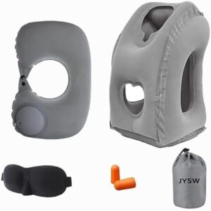 Inflatable Travel Pillow,U-Shaped JYSW Portable Airplane Pillow Multifunctional Neck and Head Support Lap Pillow for Airplanes Trains Buses and Office Napping with Eye Mask, Earplugs, Grey
