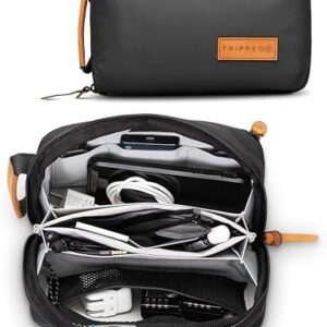 Tech Bag Organizer - Small Electronics Organizer Pouch for Travel - Premium Travel Case with Leather Accents - Mesh Pocket for Cables, Cords and Chargers (Black)