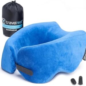 TRAVELREST Nest Memory Foam Travel Neck Pillow, Advanced Support for Long Flights, Patented Design, Optimal Relaxation, Compact, Ergonomic, and Washable, On-The-Go, Attaches to Luggage - Blue