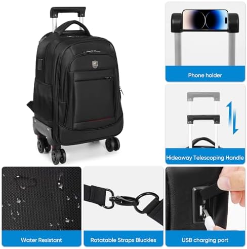 360° rotating Water Resistant Rolling Backpack with 4 Removable Wheels for Adults,Airline Approved Carry on Luggage Fit 15.6 Inch Laptop Travel Backpack with USB Charging Port - Image 6