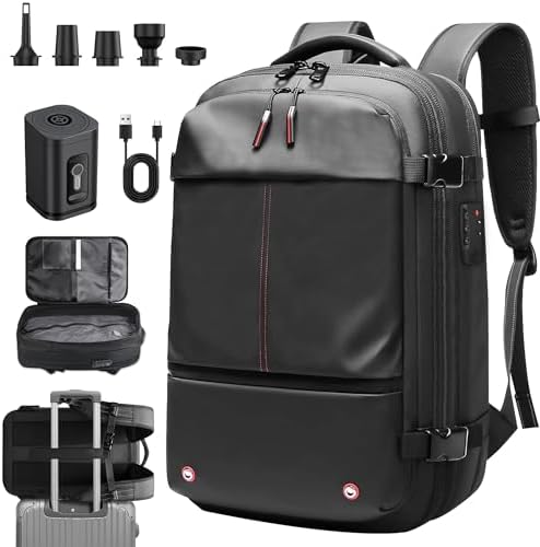 Vacuum Backpack Travel, Airback Vacuum Compression Travel Backpack with Pump, Water Resistant & TSA Anti Theft, Ideal for Travel/Camping/Laptop (With Electric Air Pump & Black)