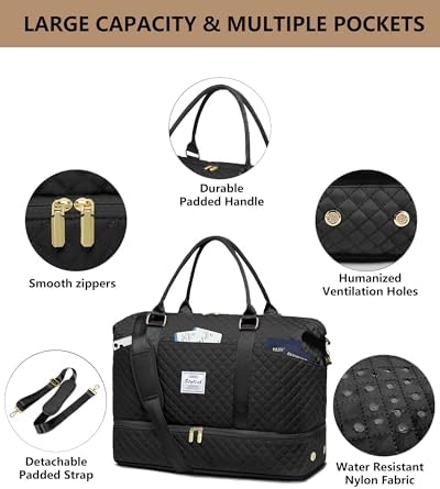 Women Weekender Travel Duffle Bags: Duffel Overnight Bag with Shoe Compartment Large Carry on Tote Bag Toiletry Bag Weekend Yoga Gym Bags with Wet Pocket Hospital Bags for Labor and Delivery Black - Image 5